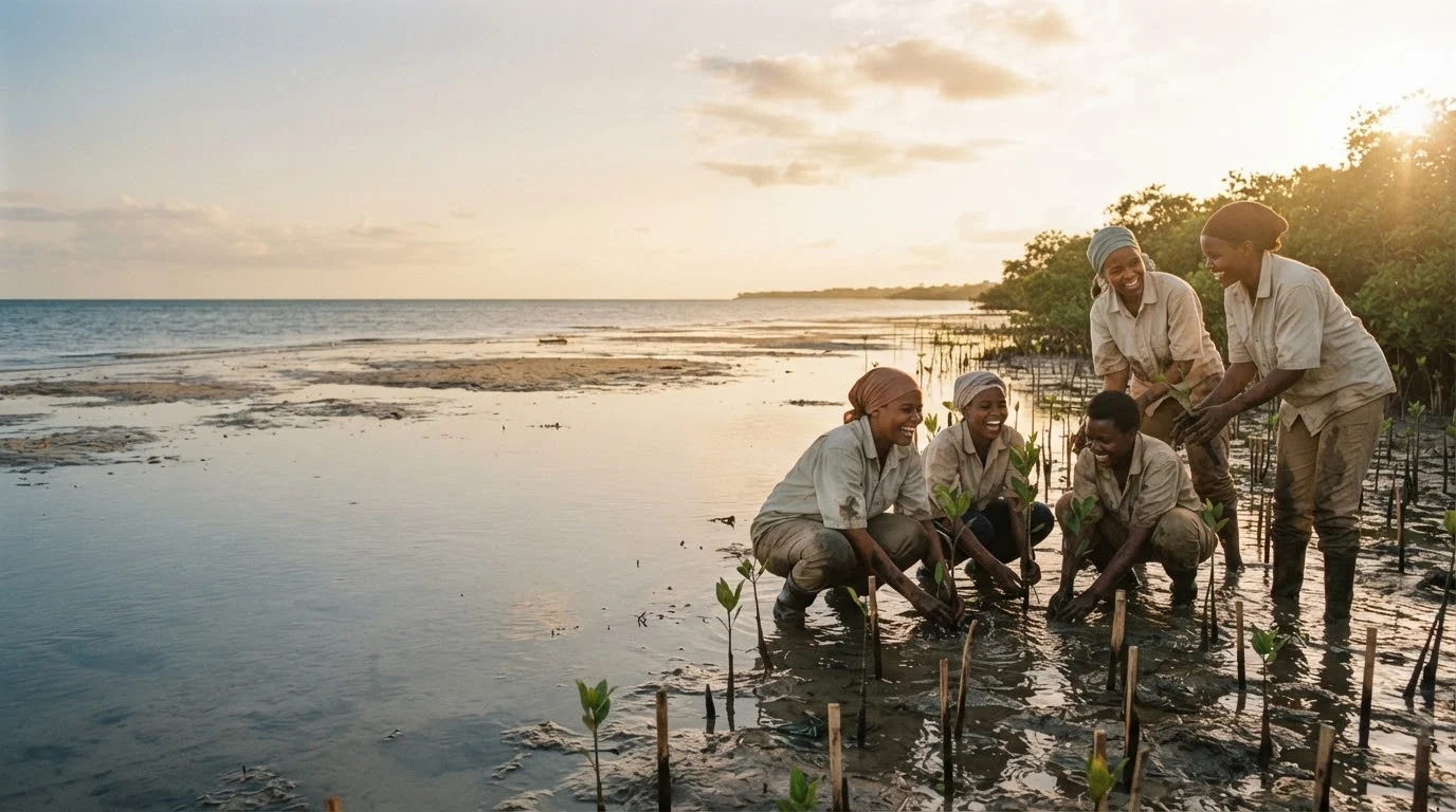 Illustrative adult volunteers tending coastal mangroves