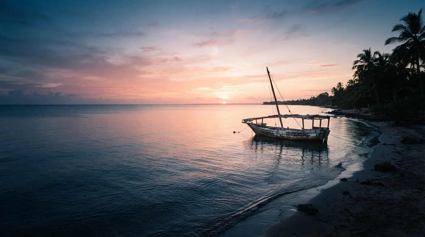 Illustrative dhow near the Dar es Salaam coast at sunrise